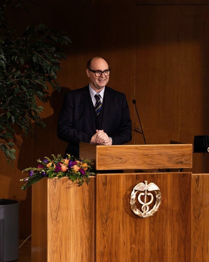 Othmar M. Lehner at the lectern at Hanken School of Economics